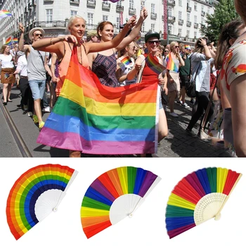

1pc Colorful Rainbow Hand Fan Plastic Bamboo Bones Dacron Fan Hand Held Folding Fan Home Decoration Party LGBT Gays Supplies B4