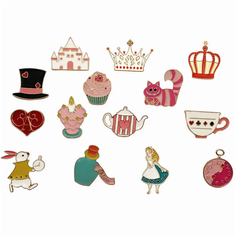 

Cartoon Fairy Alice Hat Cake Castle Heart Crown Candle Syrup Rabbit Clock Cat Brooch Button Pins Badge Jewelry