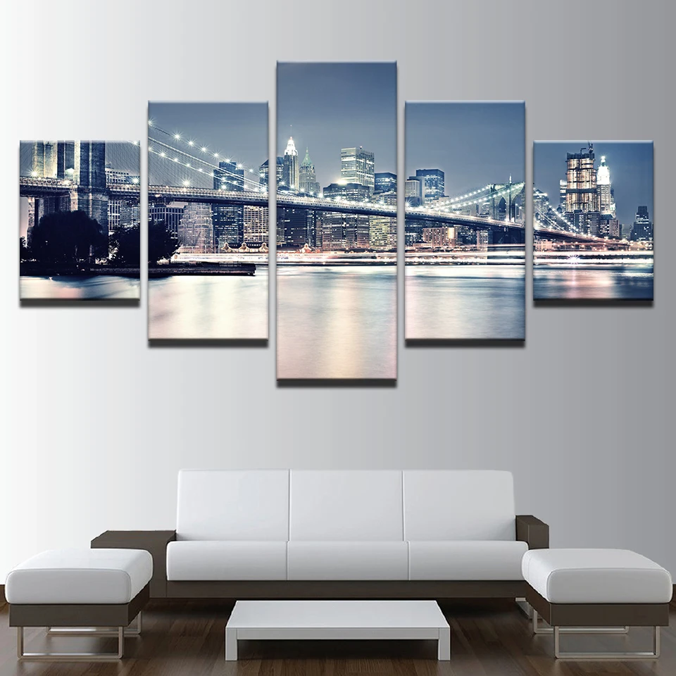 Canvas-Paintings-Living-Room-Decor-Prints-Posters-5-Pieces-Beautiful-Brooklyn-Bridge-City-Night-View-Pictures