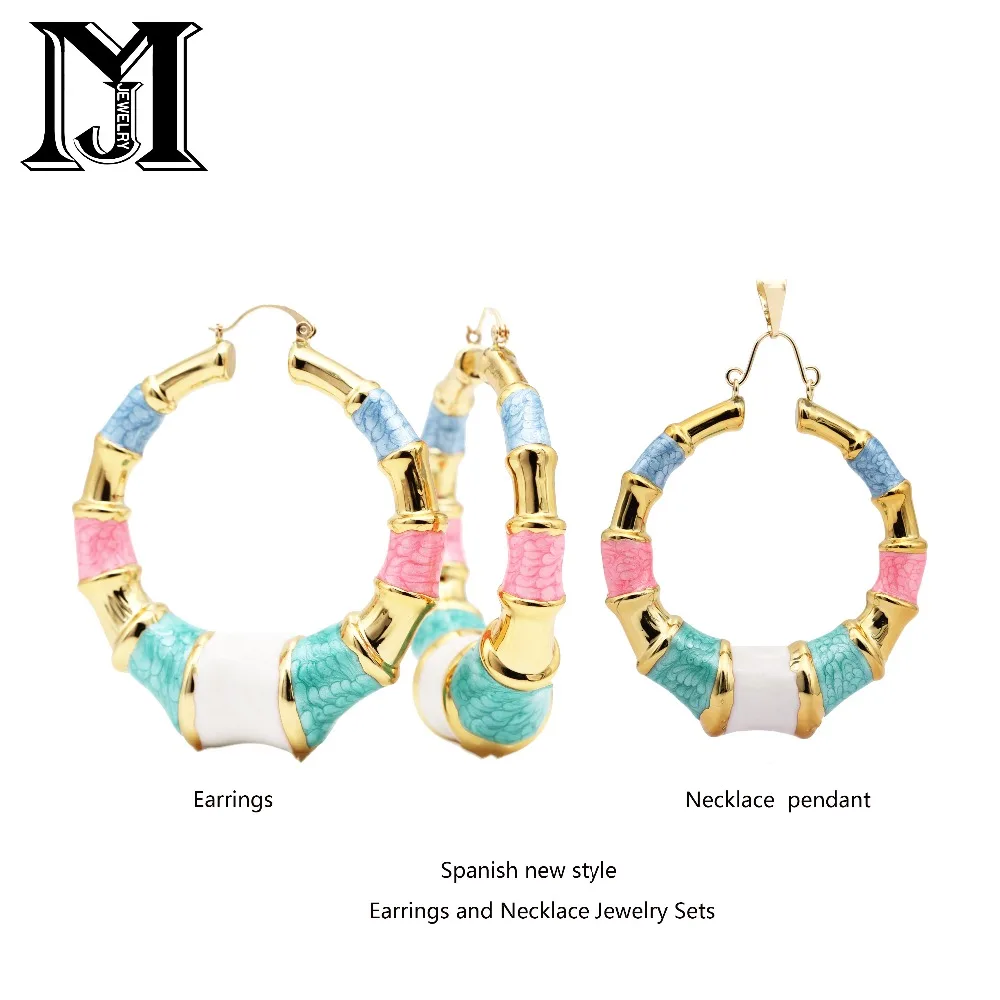 

JiaMu Spanish new style Bohemia five colors big round Painting earrings necklace jewelry sets for wowen's party free shipping