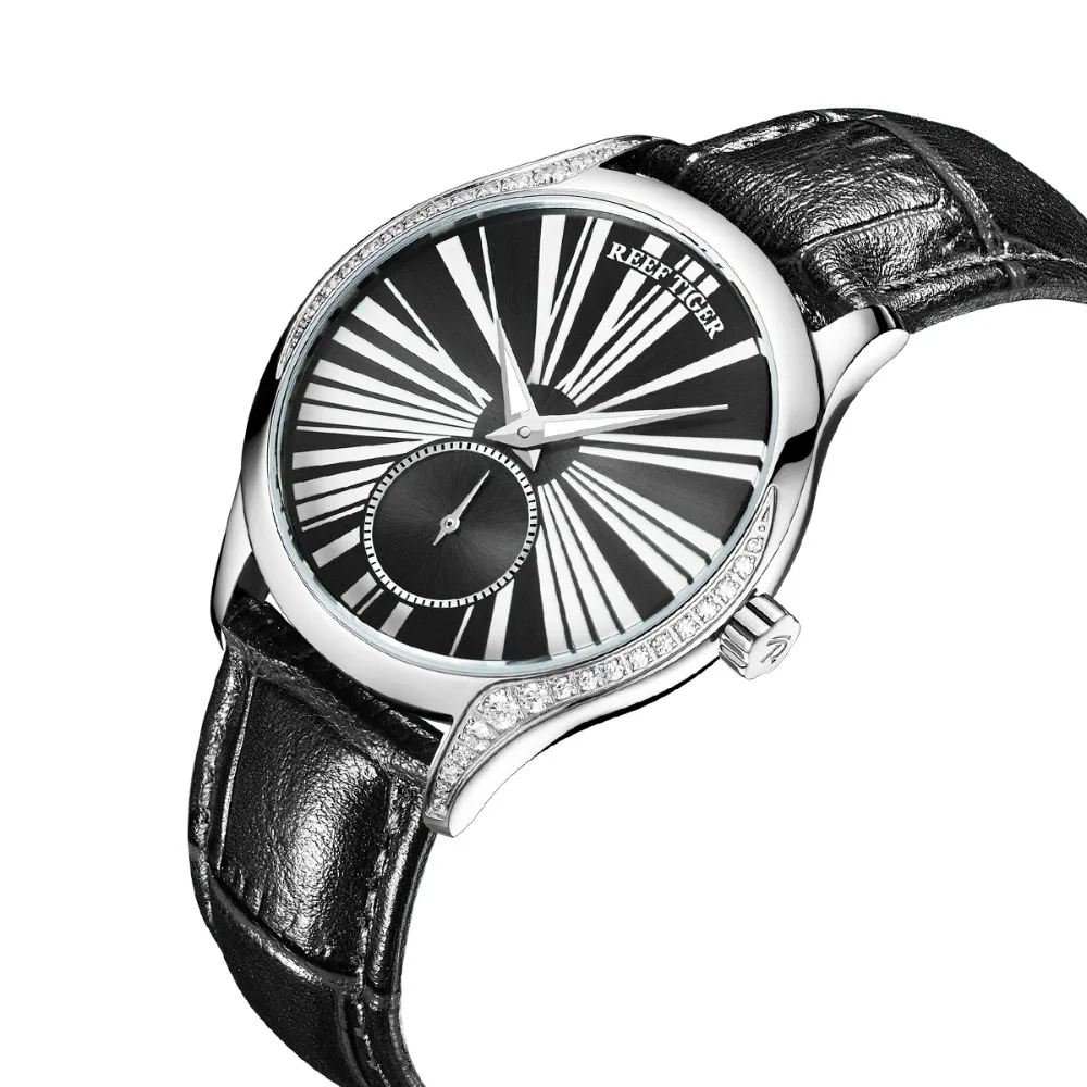 US $105.00 Reef Tiger RGA1561 Lady Luxury Austria Crystal Second Dial Women Automatic Meachanical Wrist Watch With Leather Strap Silver