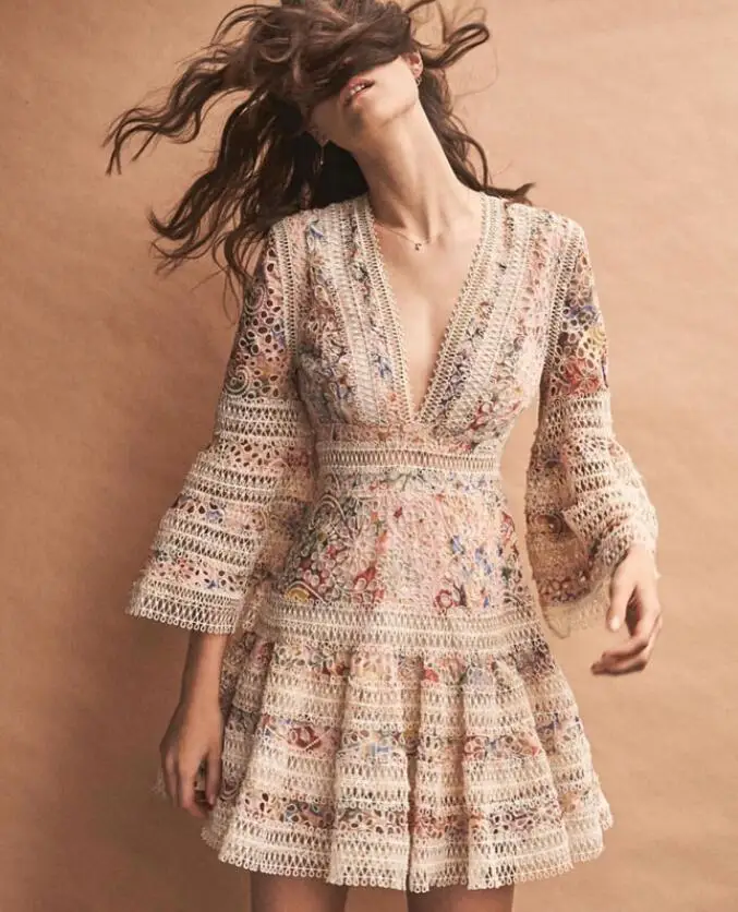 

JOYINPARTY 2018 Spring Elegant V-neck Lace Hollow Out Women Dress Print Embroidery Loose Lady Mini Dress sundresses