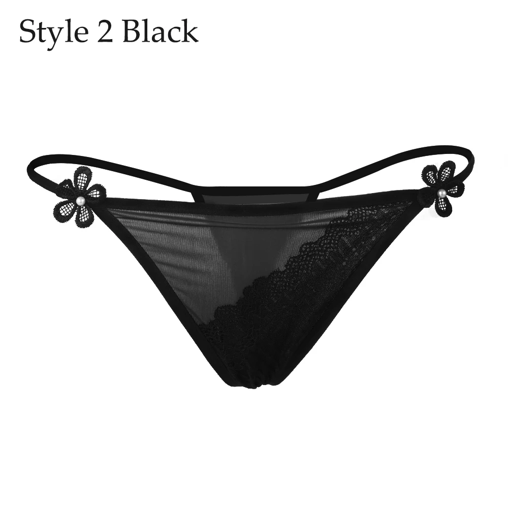 Women Erotic Lingerie Sexy Lace Flowers Panties Low Waist G-string Transparent T-back Briefs Underwear Fashion Summer Underpants - Цвет: Style 2 Black