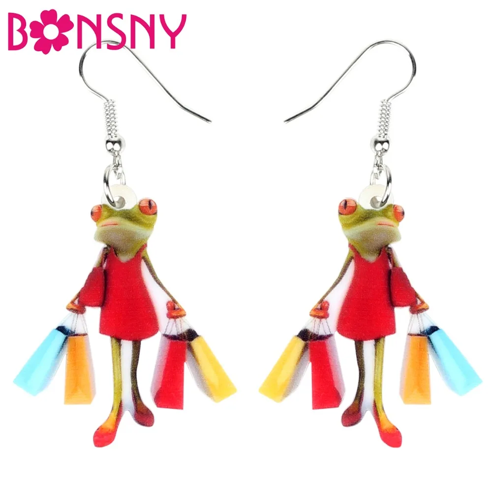 Bonsny Acrylic Shopping Lady Frog Earrings Drop Dangle Fashion Animal Jewelry For Women Girls Ladies Accessories Wholesale Gift