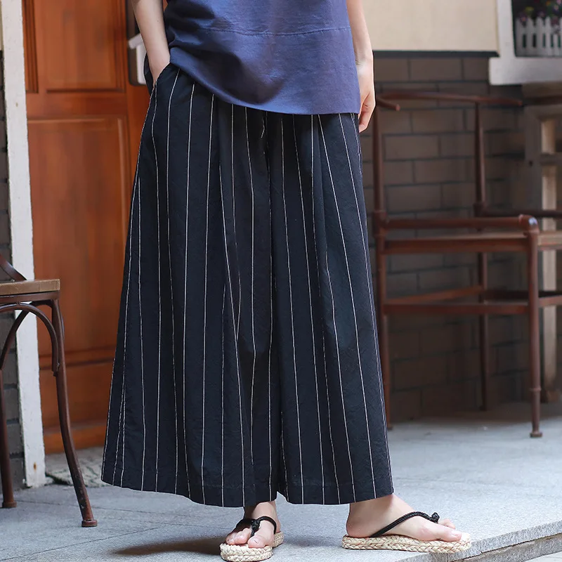 Coton La Jambe Bleu Lâche Pantalon Nouvelle Lin Mélange Rayé Plus Mode Femmes De Haute Ealstic Taille Printemps Sgy0804 Large Automne FrCFq
