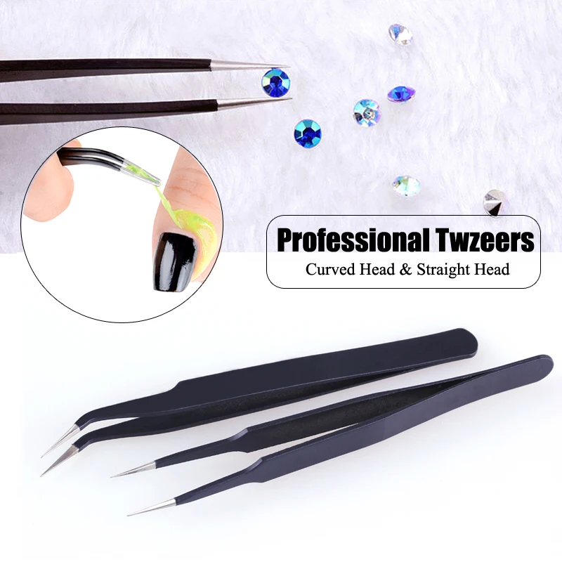 

2pcs/lot Straight and Cured Head Nail Art Acrylic Gel Picking Tool Rhinestones Gem Decor Black Eyelash Tweezers DIY hand clip