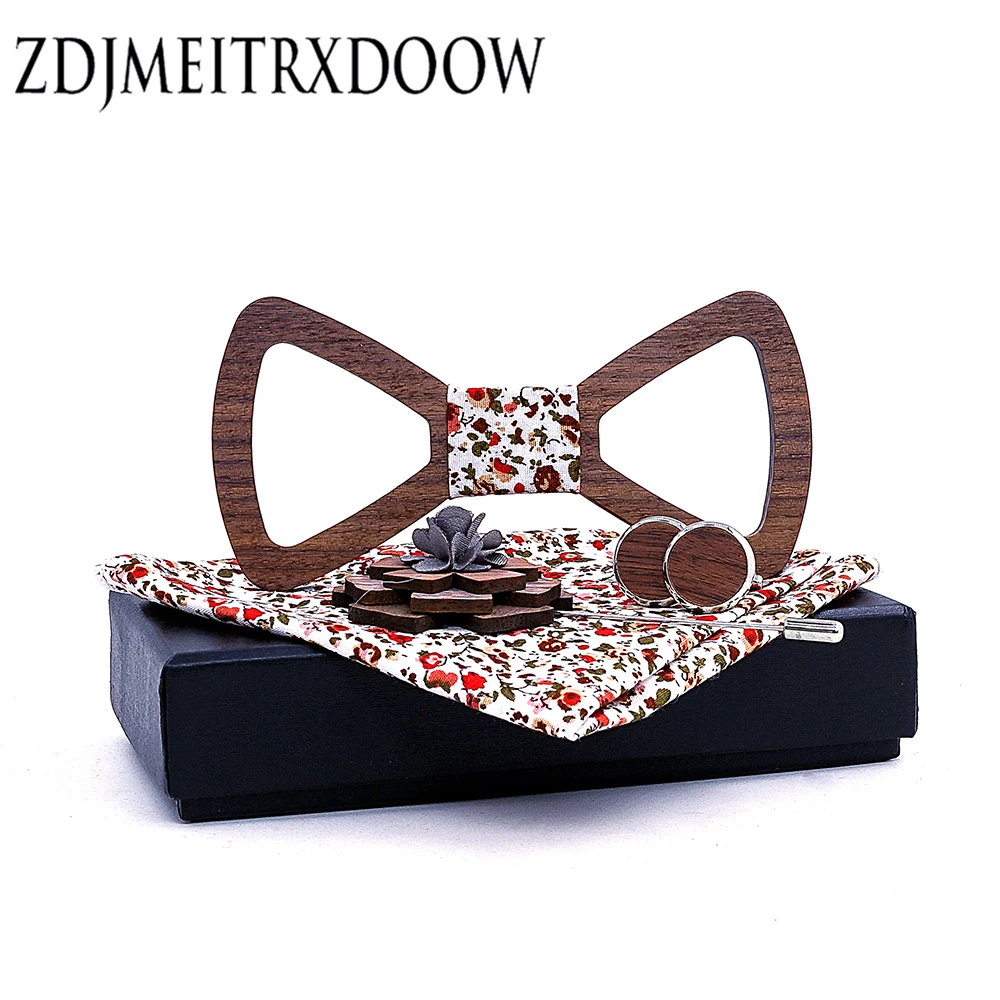  Men Wedding Party Polka Dot Carved Wood Bow Tie Cuff Links Handkerchief Bowtie Cufflinks And Brooch
