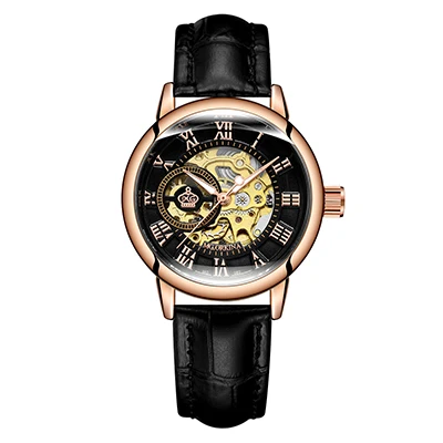 Fashion Casual Chic Ladies Watch Automatic Women Wristwatch Mechanical Skeleton Dial Female Clock Leather Band Montre Femme - Цвет: 082 Rose Black