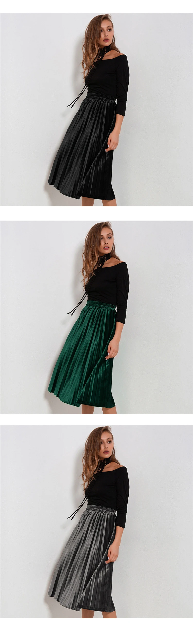 Velvet Pleated Skirts Women 2018 Autumn Winter Fashion Streetwear Midi Skirt Ladies Elastic Hight Waist Casual Skirt  - 