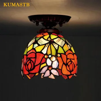 

Handmade Stained Glass Rose Ceiling Lamp European Garden Village Ceiling Lights Aisle Lighting Small Balcony Lamp Dia18cm