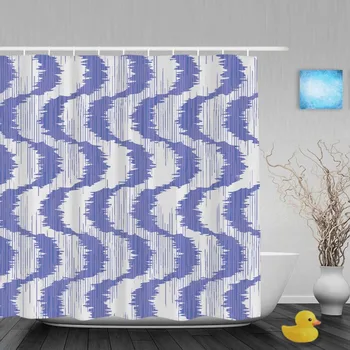 

Abstract Tribal Saddle Bathroom Shower Curtain Unique Zigzag Shower Curtains Blue White Waterproof Polyester Fabric With Hooks