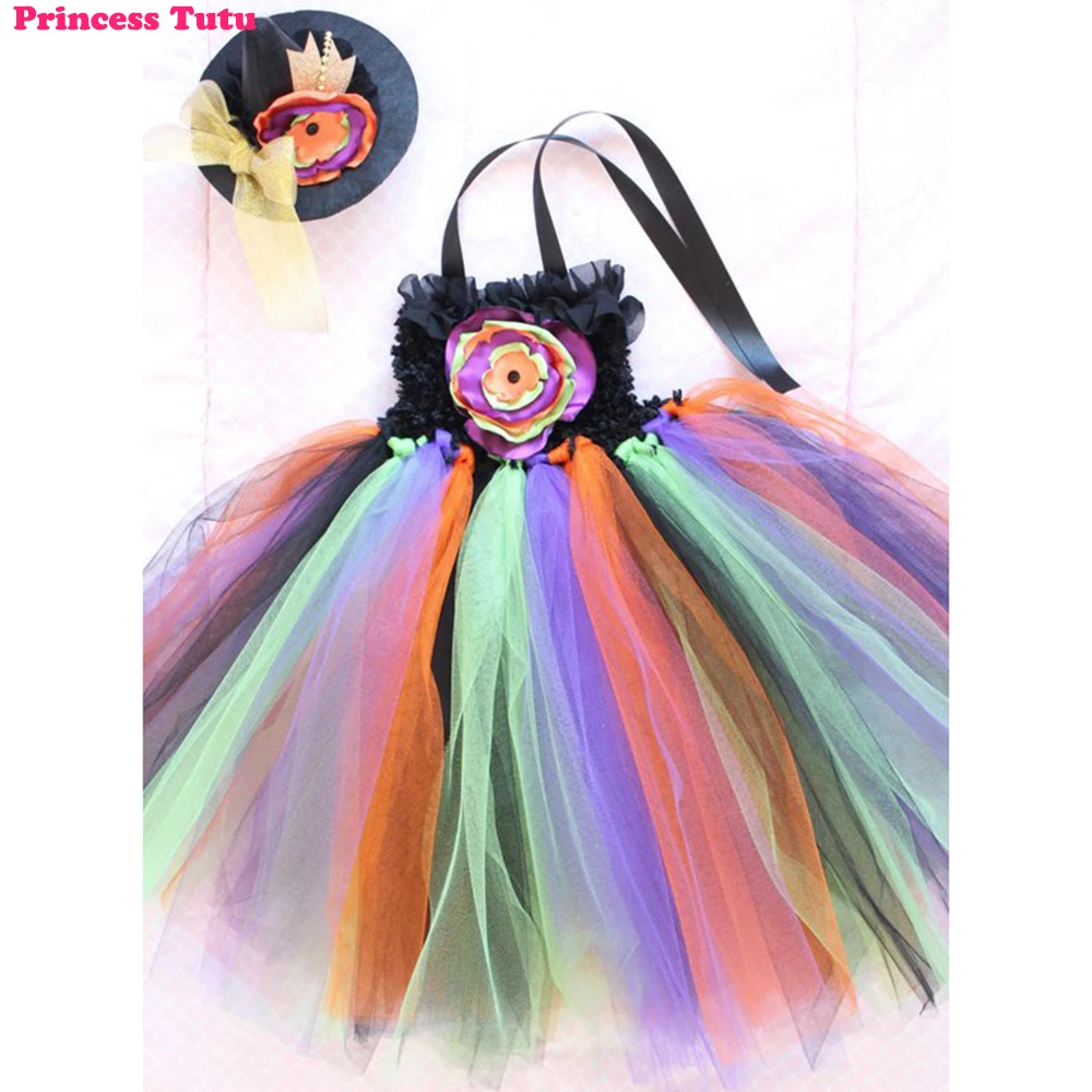 

Evil Witch Tutu Dress With Hat Elastic Pageant Little Girl Black Orange Green Purple Halloween Witch Costume For Photos 14 years