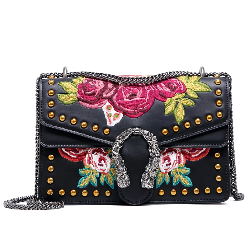 

2019 Retro Rivet Women Leather Shoulder Bag Messenger Bag Flower Embossed Bag/Handbag Crossbody Bags Lady Flap Clutch Sac A Main