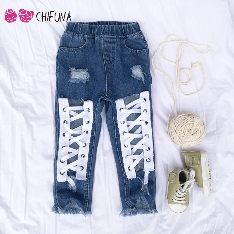

chifuna 2018 New Fashion Girls Jeans Cool Bandage Hole Trousers Children Fashion Clothing Kids Denim Pants Baby Casual Jeans