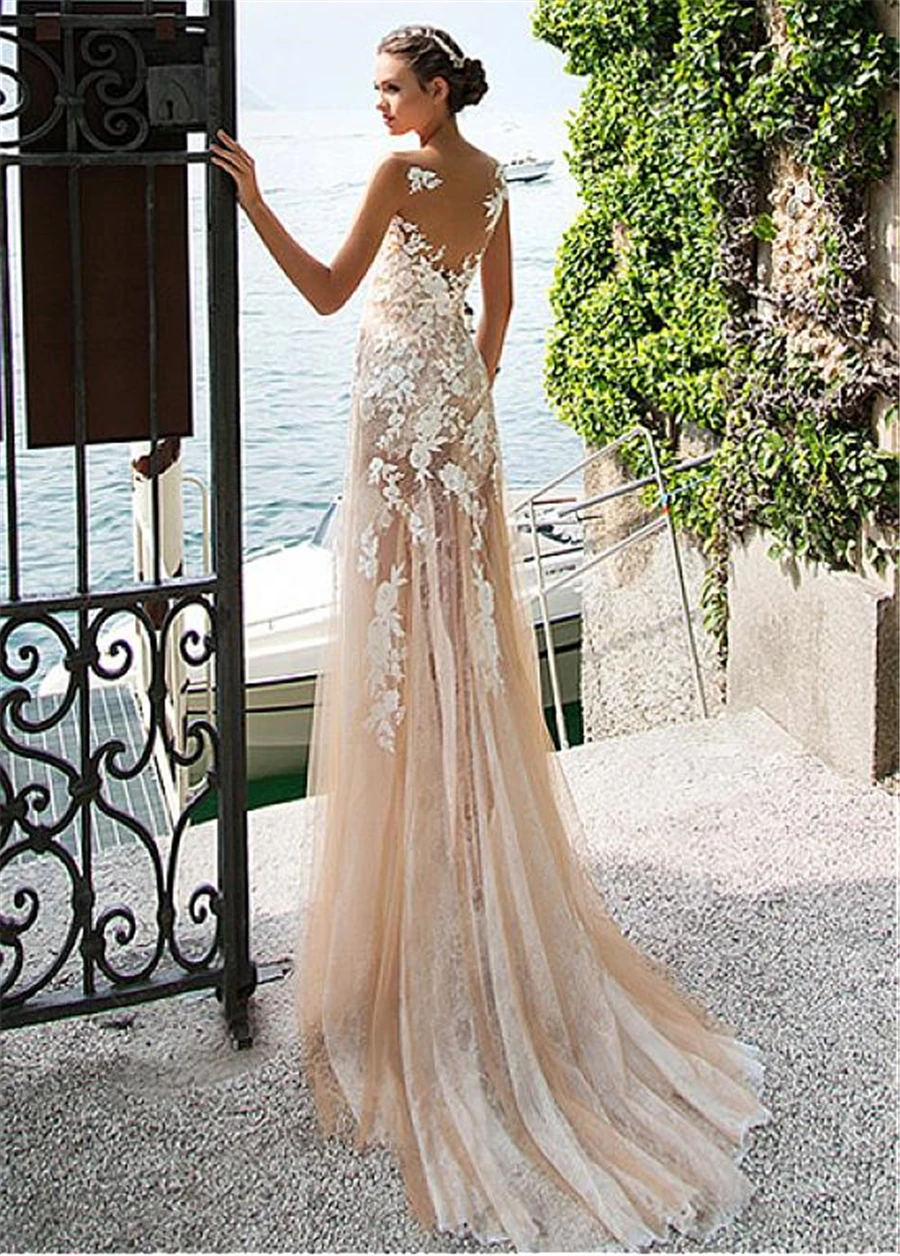 

Champagne See-through Sheath Lace Appliques Wedding Dress 2019 Boho Sofuge Vestido De Noiva Dubai Arabic