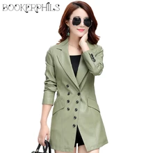 Осенне-зимняя длинная куртка из искусственной кожи жакет Женская верхняя одежда Большие размеры двубортные Базовые Куртки Куртка из искусственной кожи M-5XL