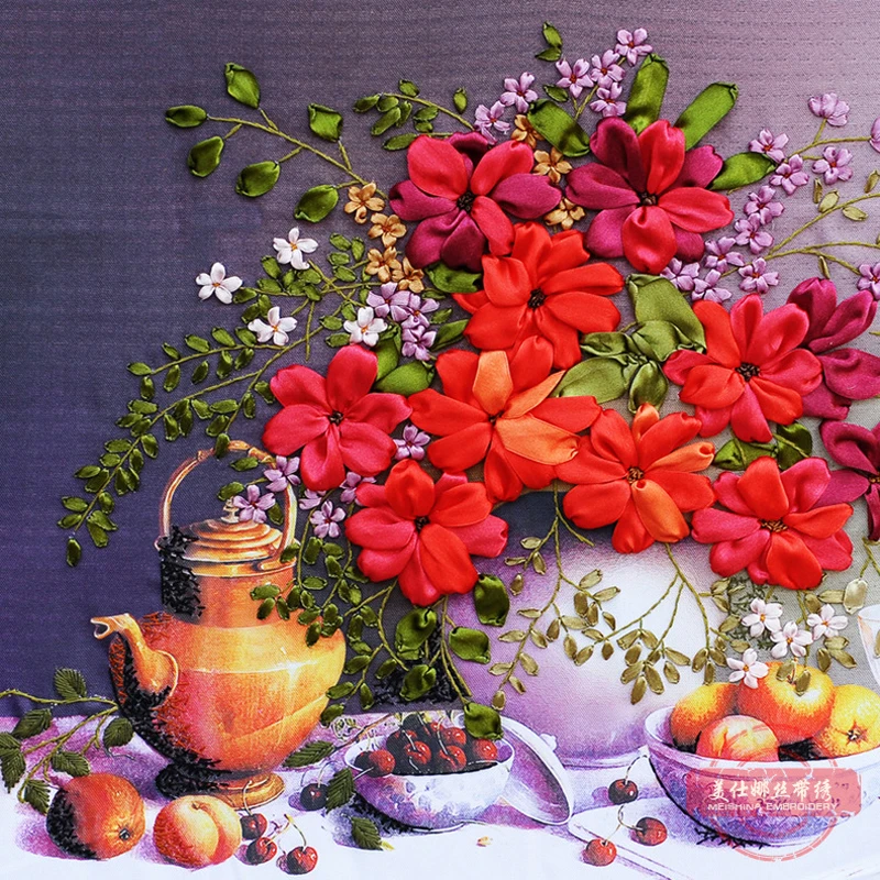

Ribbon Embroidery & diy Decorative Painting Colored Print Red Flowers Picture Needlework Crafts Cross Stitch Kit Wall Art C-0125