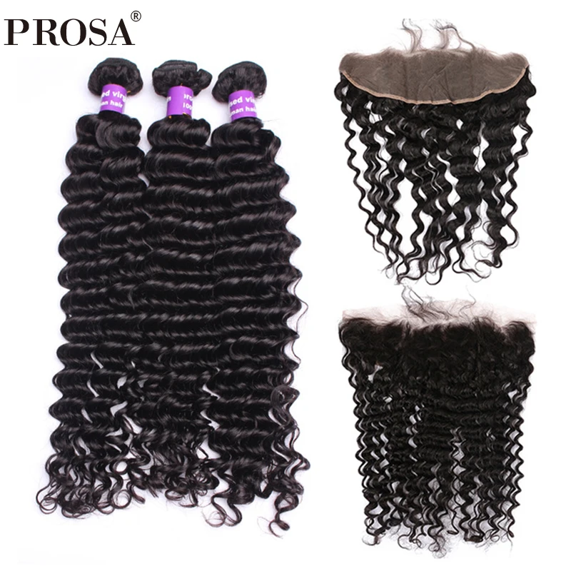 Brazilian Deep Wave Bundles With 13x4 Lace Frontal Closure 3Pcs Human Hair Extension Remy Hair Prosa Hair Products