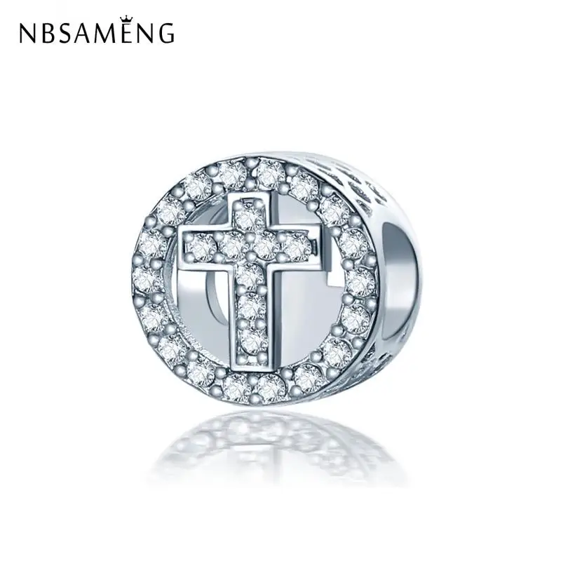 

2019 Fashion Silver Plated Charm White Crystal Cross Bead Simple Charms Fit original Pandora Bracelet Diy Women Jewelry