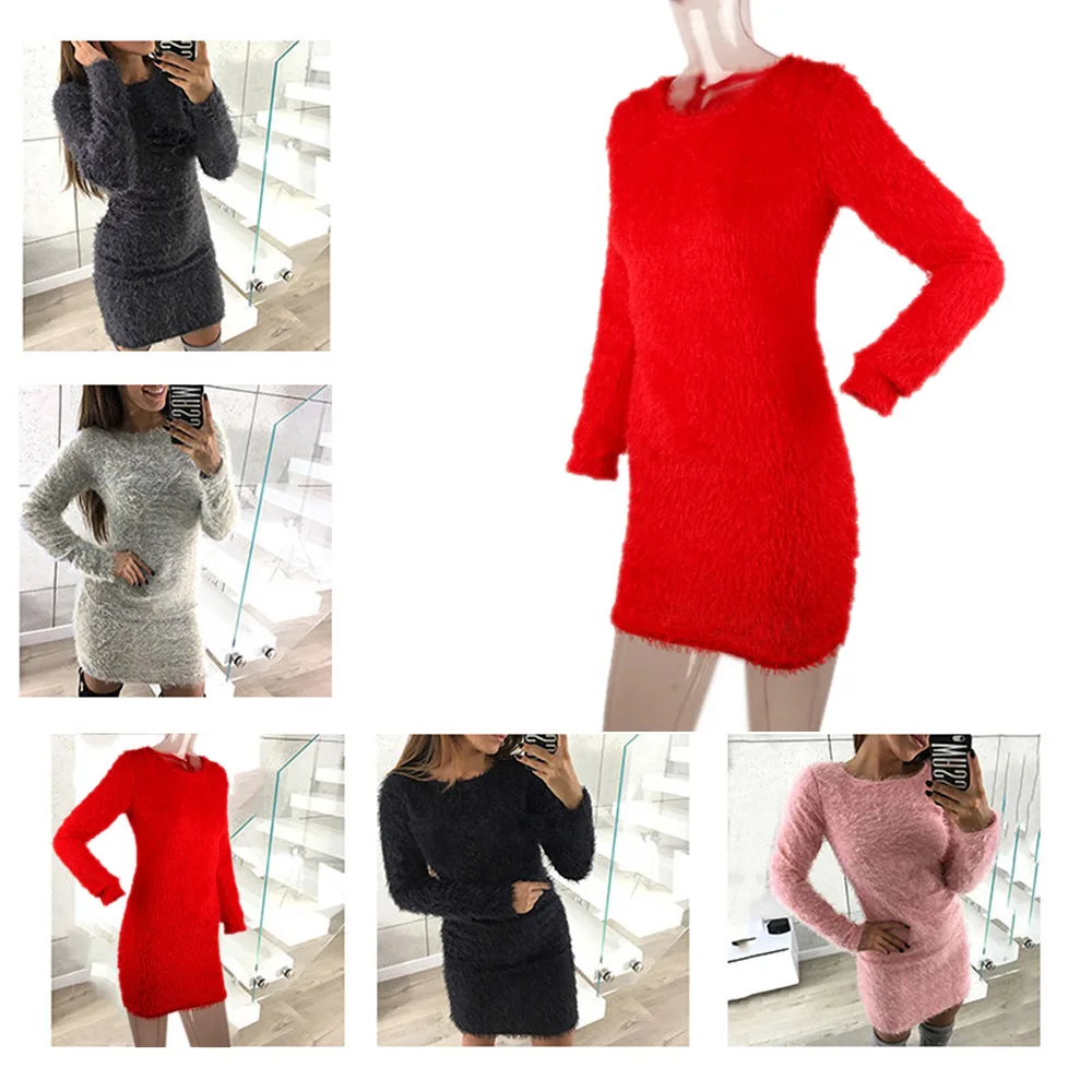 Winter Plush sweater Dress Women Party Bodycon Christmas Black clothing Sexy Mini bandage knitted Dress For Female