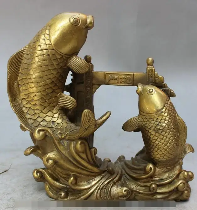 

song voge gem S7075 7" Lucky Chinese Brass Folk Wealth 2 Jump Fish Yu Yue Long Men Statue Sculpture