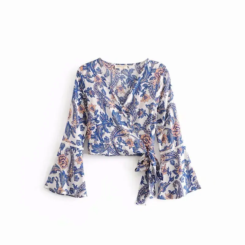 

GYPSY Boho Chic Summer Beach Tops Vintage Floral Print Bow Tied Wrap Blouses Fashion Clothing Patchwork Shirts Blusas Mujer