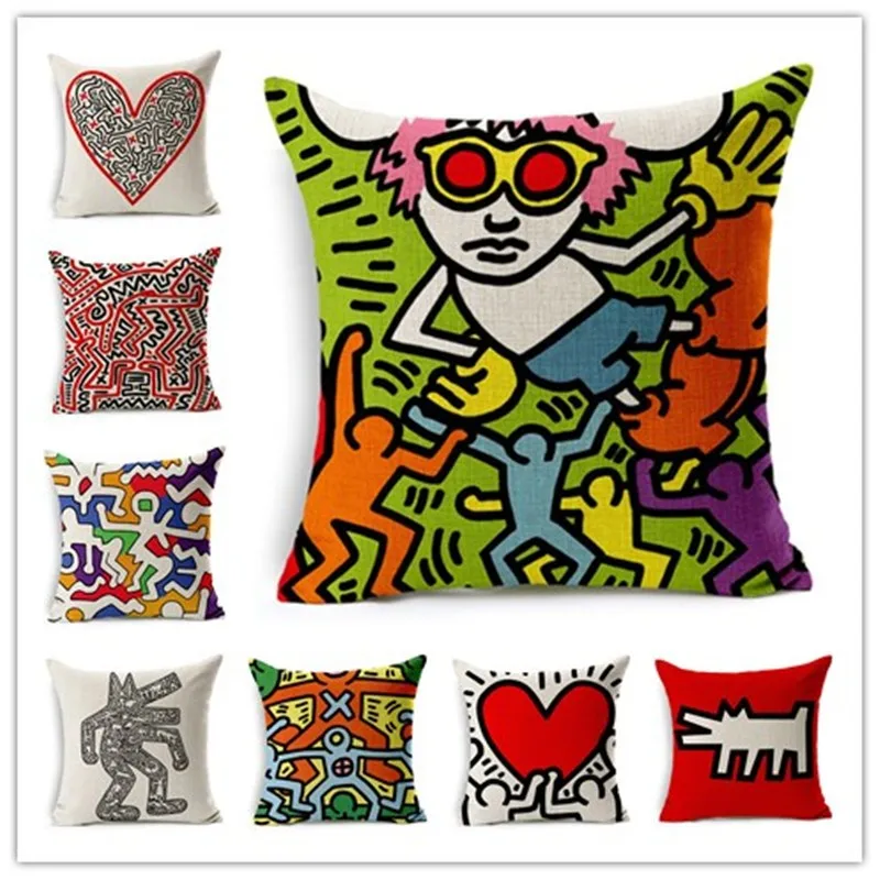 

Nordic Style Keith Haring Graffiti Printed Throw pillow Case Decor Linen Cotton Cushion Cover Home Decorative Sofa Pillowcase