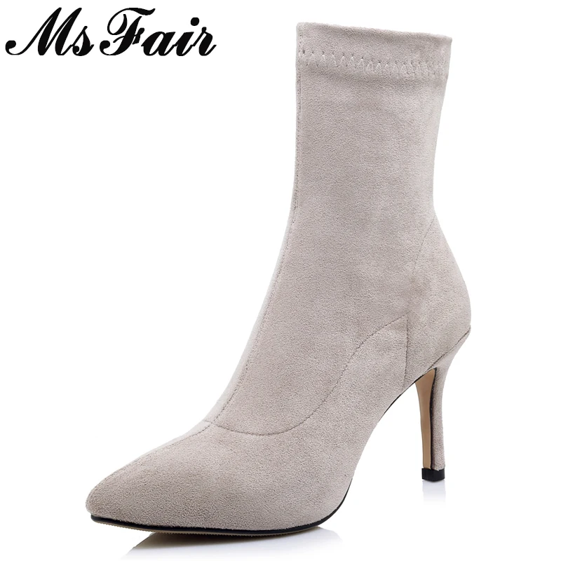 

MSFAIR Pointed Toe High Heel Women Boots Fashion Concise Thin Heels Mid Calf Boots Women Shoes Slip-On Black Khaki Boots Women