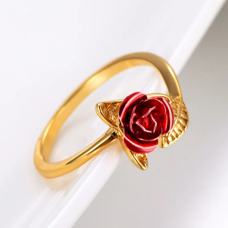 Party Favors Red Rose Garden Flower Leaves Resizable Finger Rings Women Valentine's Day Lover Wedding Decor Gift Jewelry Party