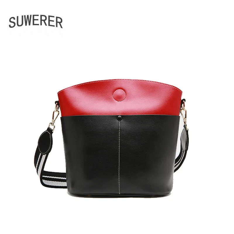 

SUWERER high quality fashion luxury brand 2019 new bucket bag leather large capacity contrast color shoulder diagonal handbag