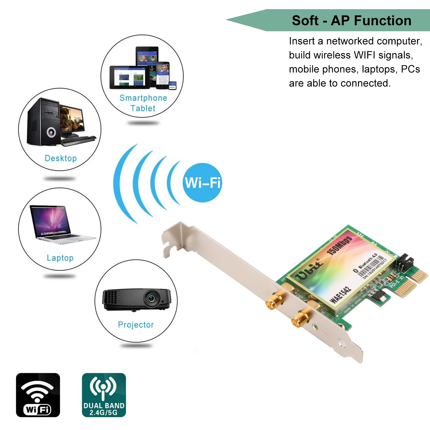 Ubit Bluetooth 4,0 настольная беспроводная сетевая карта, PCI-Express с функцией Bluetooth 2,4G 150 M для ПК Windows XP/7/8/10