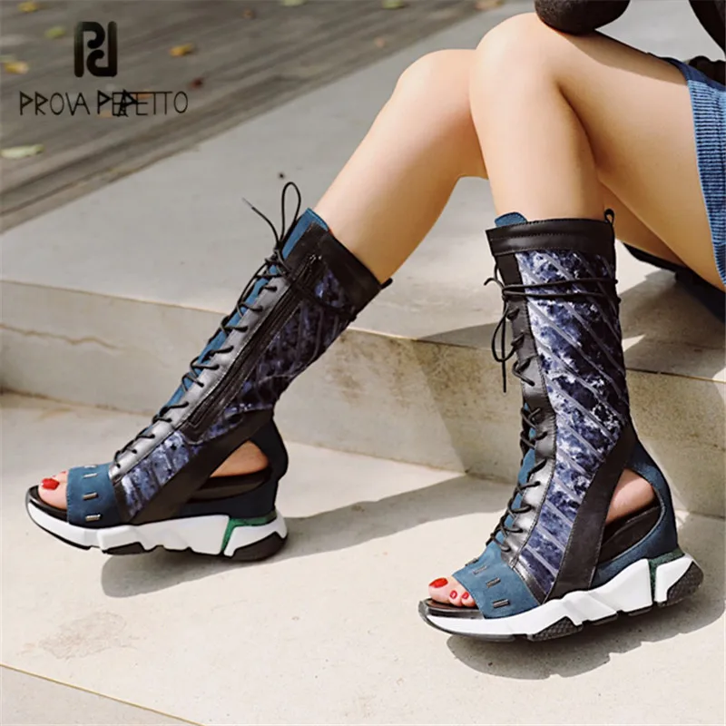 

Prova Perfetto Sexy Peep Toe Women Summer Boots Female Lace Up High Boots Platform Wedge Shoes Woman Casual Botas Mujer Wedges