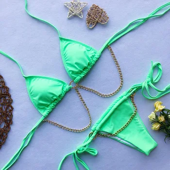 

2019 None Sexy Thong Bikini Halter Triangle Swimwear Summer bathing suit Chain Swimsuit Female bathers Micro Two -Piece Biquini