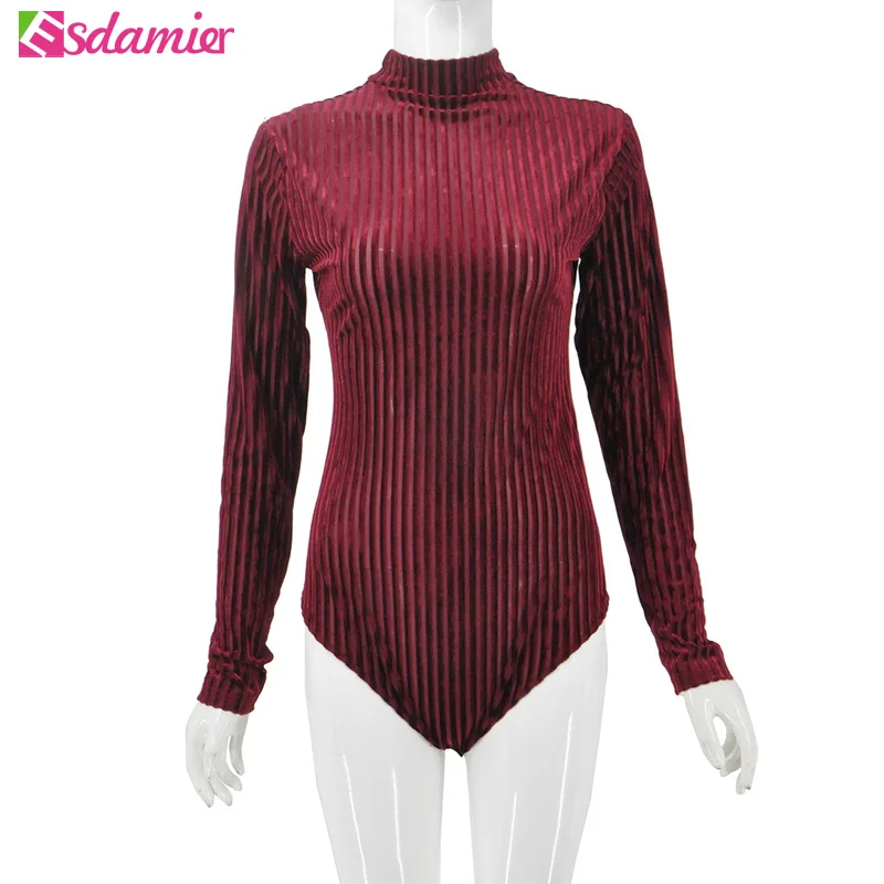 Autumn Winter Long Sleeve Womens Corduroy Bodysuit Combishort Femme Slim Turtleneck Stripe Velvet Bodysuit Top Basic Body Tops