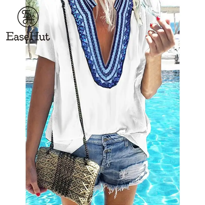 

EaseHut Oversized Print Summer Blouse and Tops Fashion Vintage 2019 New Arrival Short Sleeve Loose Casual Tunic Ladies Shirts