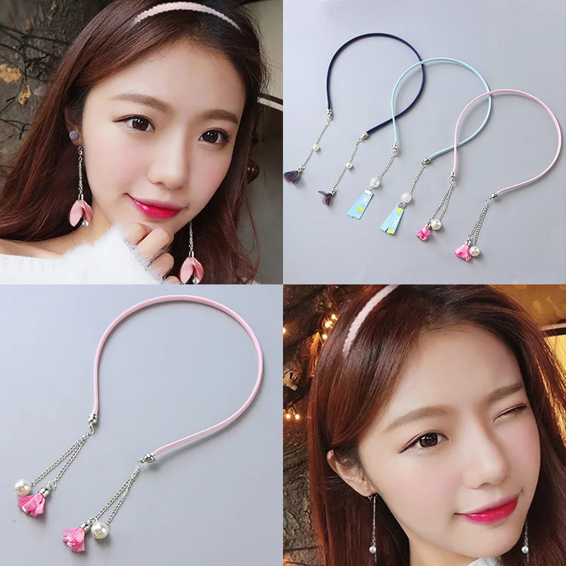 

New Korean Sample Design Tassel Hair Band Princess Girl Women Hair Accessories Women Fake Earrings Pearl Headband