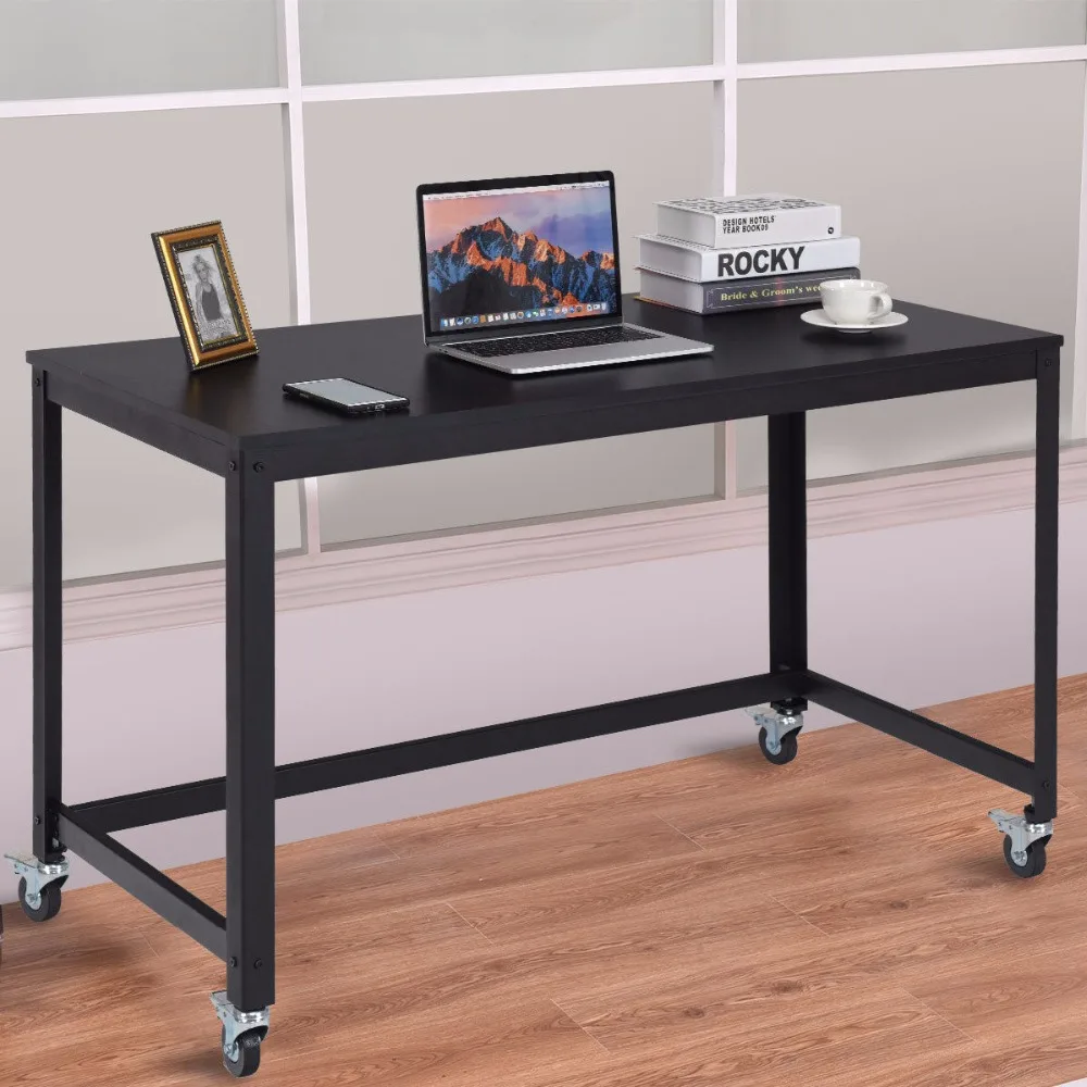 Giantex Rolling Computer Desk Wood Top Metal Frame Laptop Table