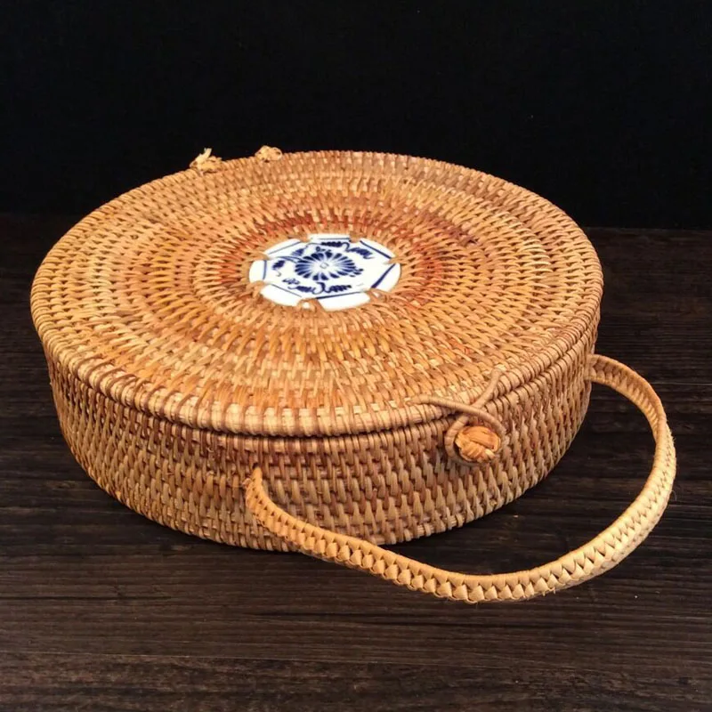 Handmade Rattan Woven Pu erh Tea Cake Storage Box Canister with rope