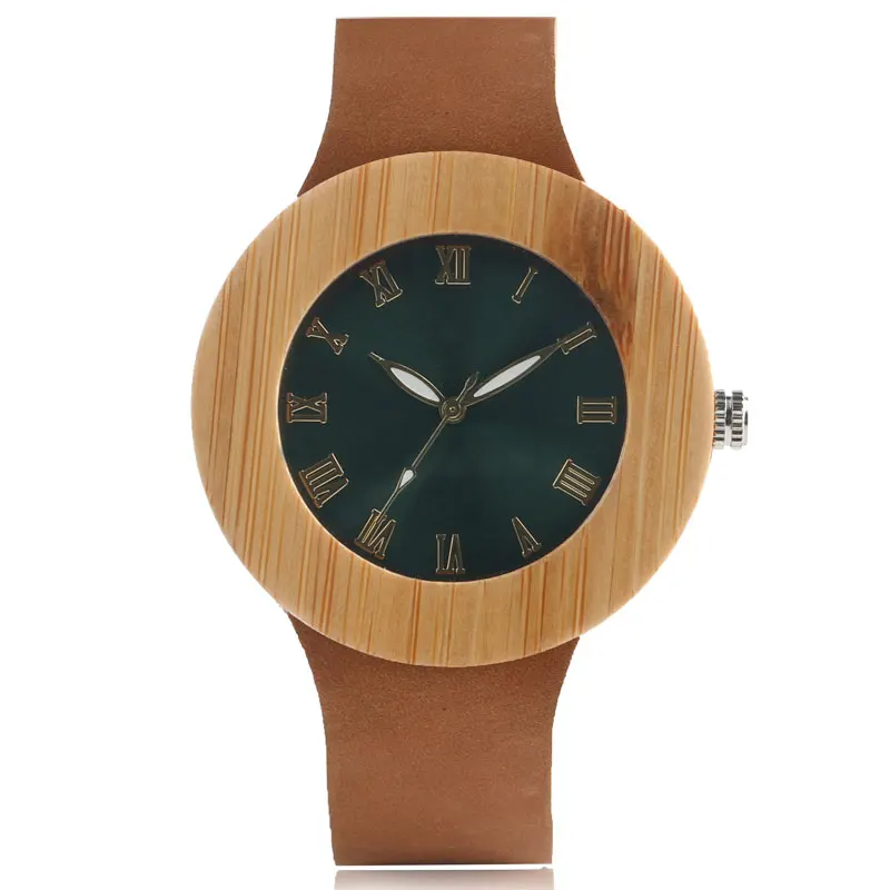Роскошный топ бренд натурального бамбука Деревянные часы зеленый круглый циферблат кварцевые наручные часы Для женщин ремень из