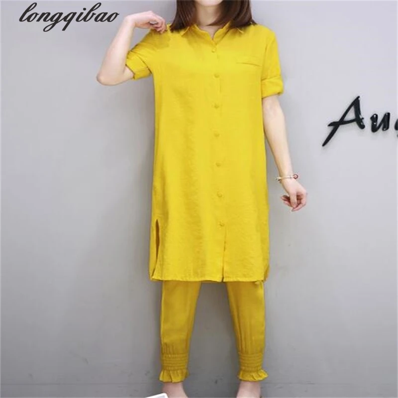 

Spring and summer new women 's casual fashion loose large size cotton and linen shirt+casual pants two piece set AL7429
