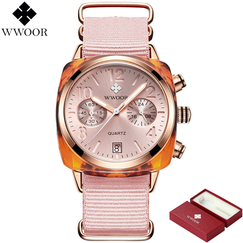 WWOOR роскошные женские часы, кварцевые часы с хронографом и датой, женские брендовые водонепроницаемые розовые нейлоновые женские наручные часы, женские подарки - Цвет: Розовый