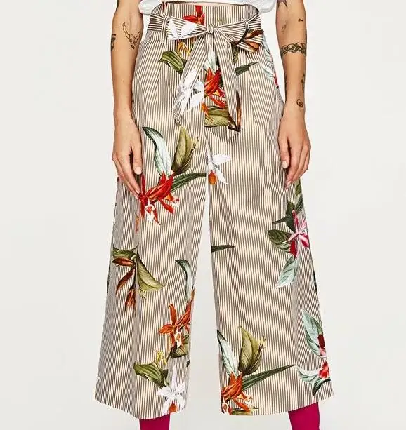 Wishbop новые женские 2017 цветочные и Striped Poplin брюки Подрезанные штаны с эластичная резинка на талии пояс по бокам карманы