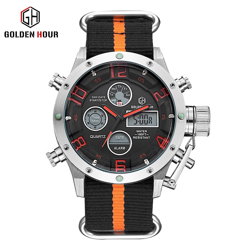 

GOLDENHOUR Top Brand Sport Watch Men LED Digital Nylon Strap Dual Display Men's Watches Waterproof Quartz Wristwatches Relogio