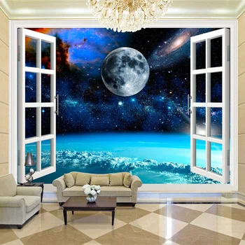 

Custom 3D Mural Wallpaper Modern Outside The Window Scenery Starry Sky Space Wall Cloth Living Room Backdrop Wall Covering Decor