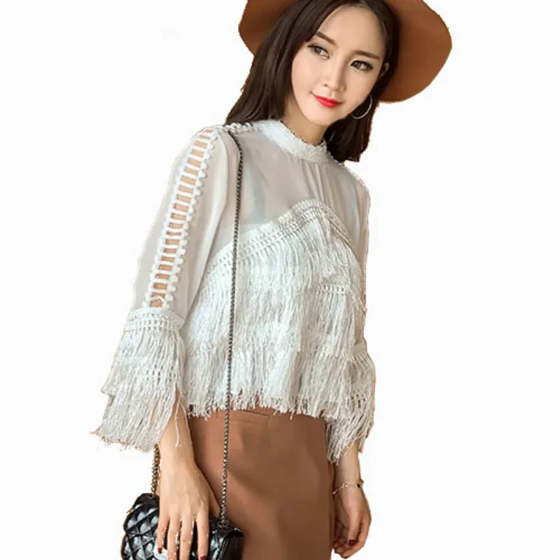 

Woman bottoming Fringed chiffon Shirts tassels Blouses Three quarter Flare sleeve spring Slim O-Neck Tassels splicing Tops 2018