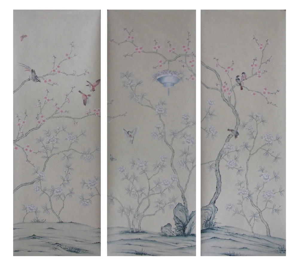 

Classic style elegant Hand-painted silk wallpaper painting flowers with birds many patterns and background optional