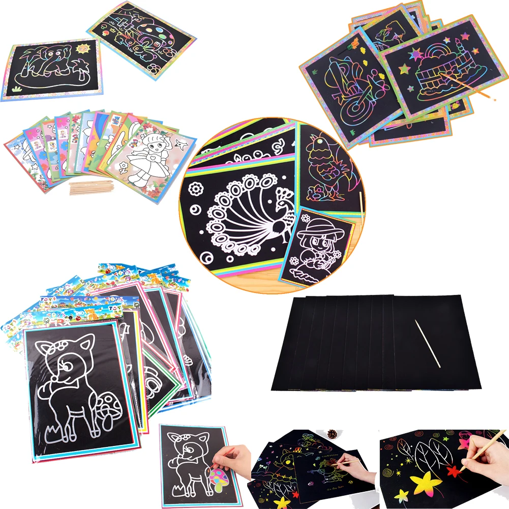 

12Styles Colorful Drawing Toys for Children Magic Color Scratch Art Paper Magic Painting Paper with Drawing Stick For Kids Toy