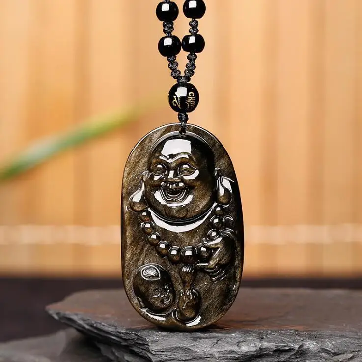 Chinese Natural Gold Obsidian Hand-Carved Blessing Maitreya Buddha Pendant
