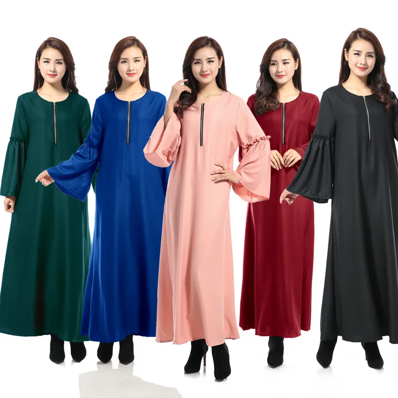 

New Solid Color Boot Cut Zipper Loose Long Robe Muslim Gown Dress Women Arab Abaya Dubai Casual Ladies Islamic Clothing Summer