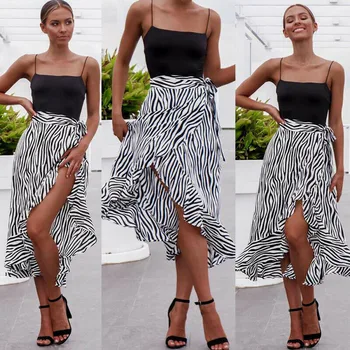 

Women Striped High Split Midi Skirt Ladies Summer Party Evening Wrap Skirts Beach Casual